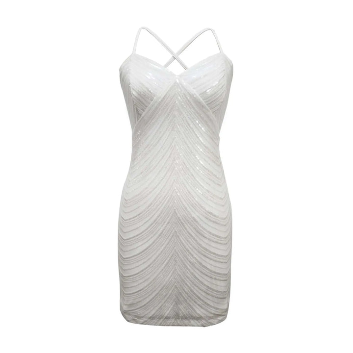 White Mini Dress with Shiny Silver Sequin Decoration - Jill