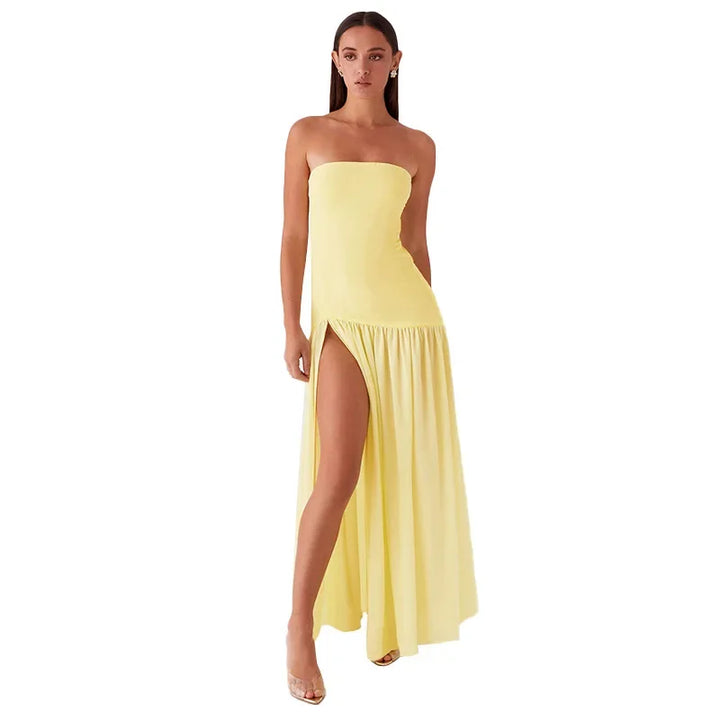 Maxi Strapless Chiffon Dress with Slit Detail - Pia