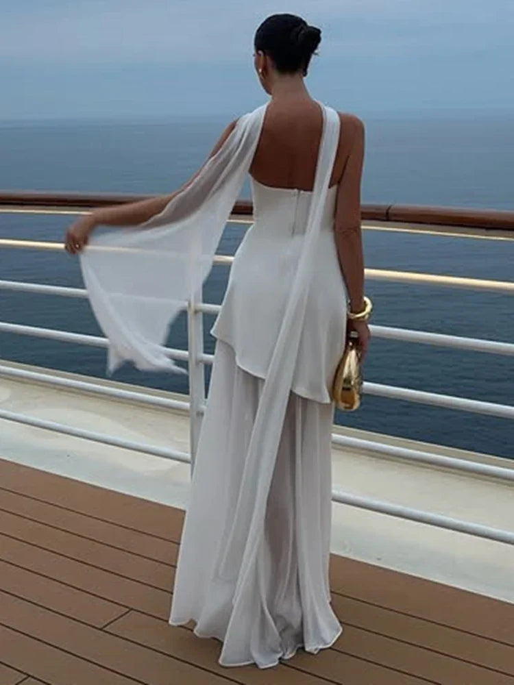 Strapless Maxi Dress with Chiffon Bottom, Slit Design, and Matching Scarf Detail - Princess