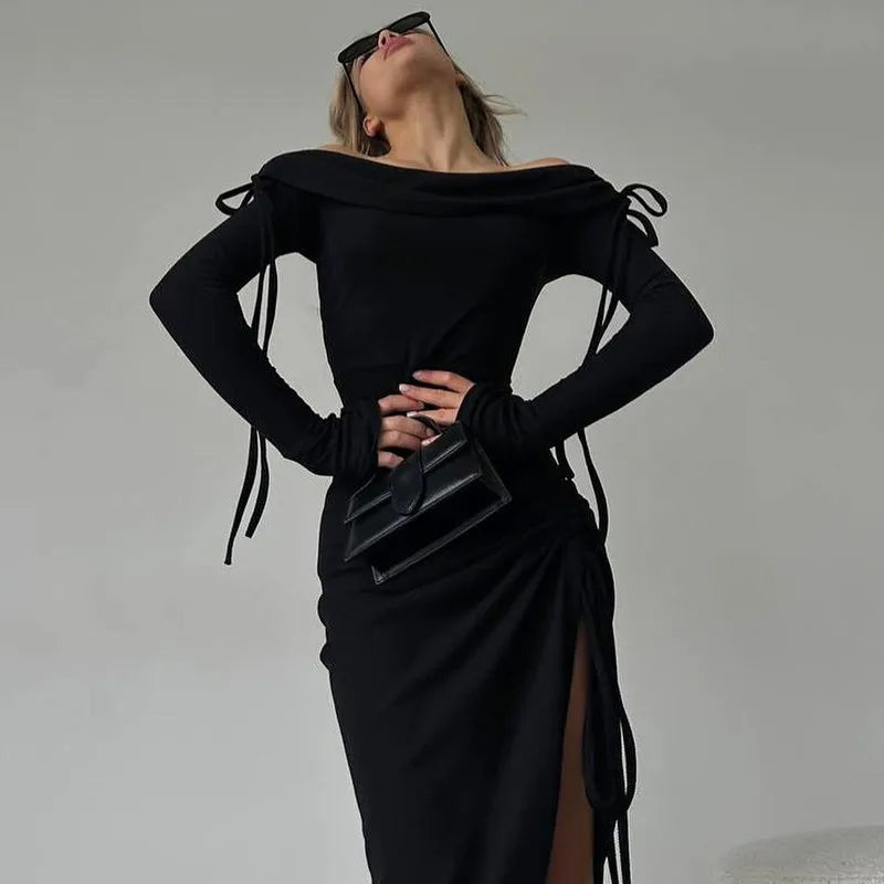 Off-Shoulder Maxi Dress with Slit, Ruching, and Tie Lace Detail - Aisha
