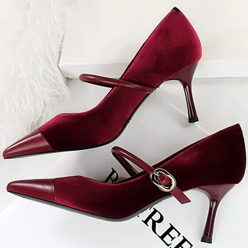 Pointed Heel Shoes with Velvet and Faux Leather Buckle Decoration - Mabel