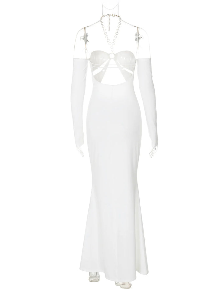 Maxi Dress with Collar, Cutouts, Gold Hoops, and Off-Shoulder Design - Alma