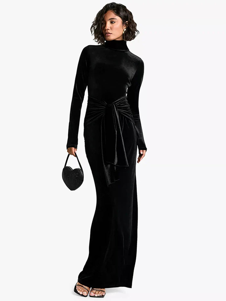 Velvet maxi dress with turtleneck and tie design - Karina