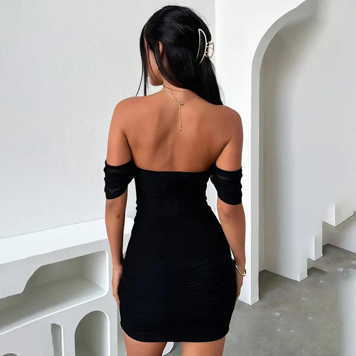 Fitted Pleated Mini Dress with Dropped Mesh Straps - Luz