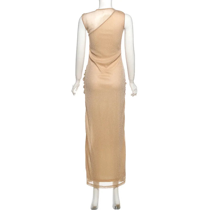 Maxi Mesh Sequin Dress with Ruching and Tie Detail with Slit - August