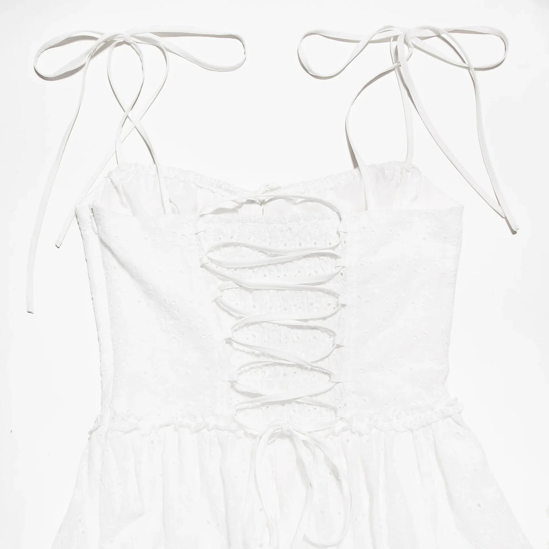 A-Line Mini Dress with Embroidery and Tie Straps - GAYA