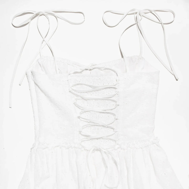 A-Line Mini Dress with Embroidery and Tie Straps - GAYA