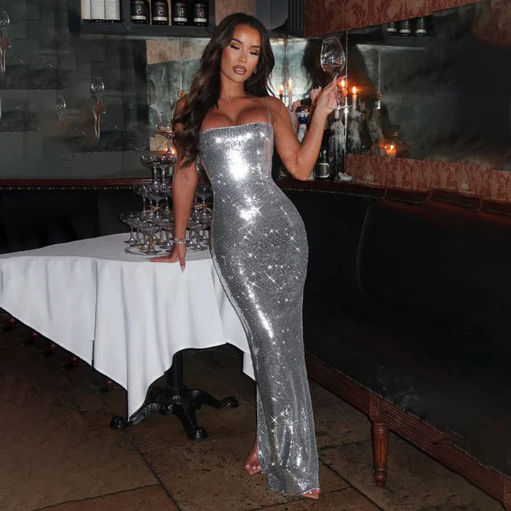 Sparkling Sequin Maxi Dress with Back Ties - Josie