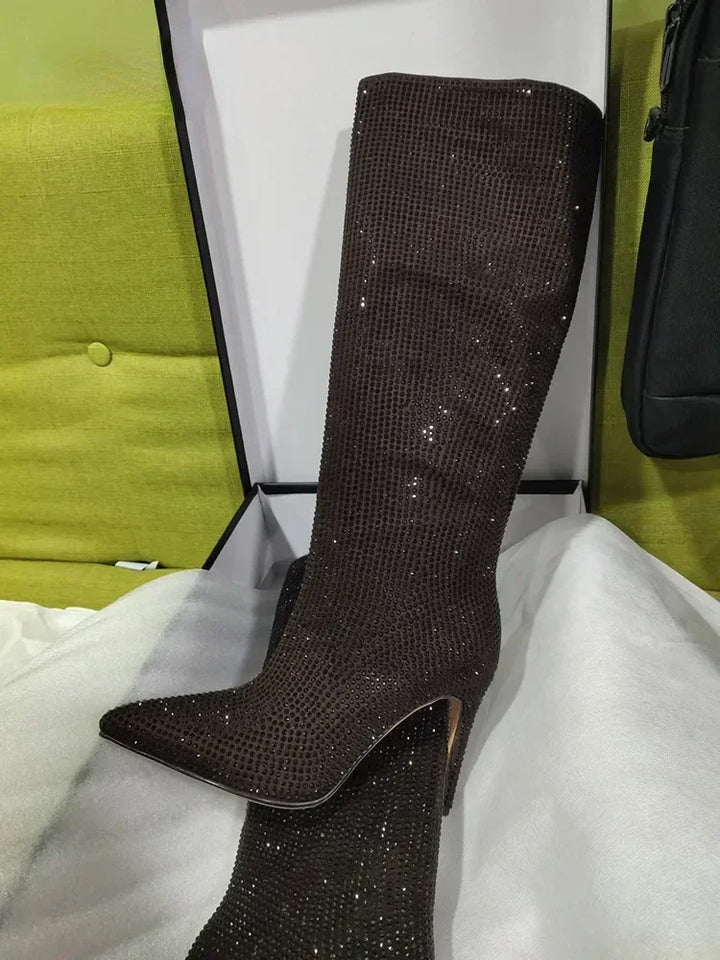 High Pointed Heel Boots with Sparkling Rhinestone Design - Josie