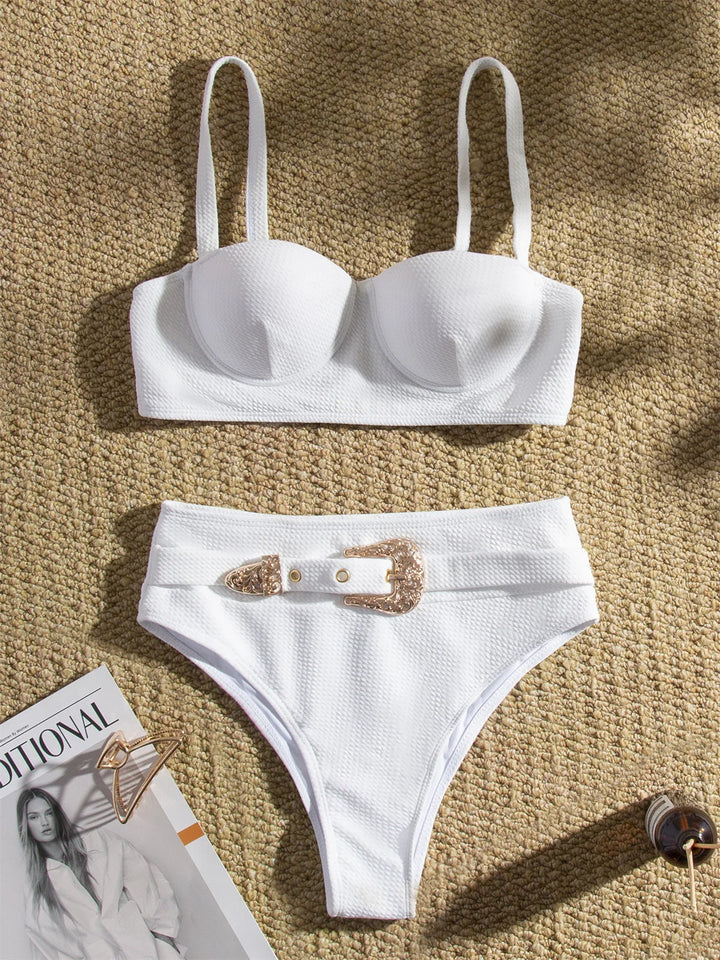 Waffle Fabric Bikini with Belt Decoration and Push-Up Bra - Nadia