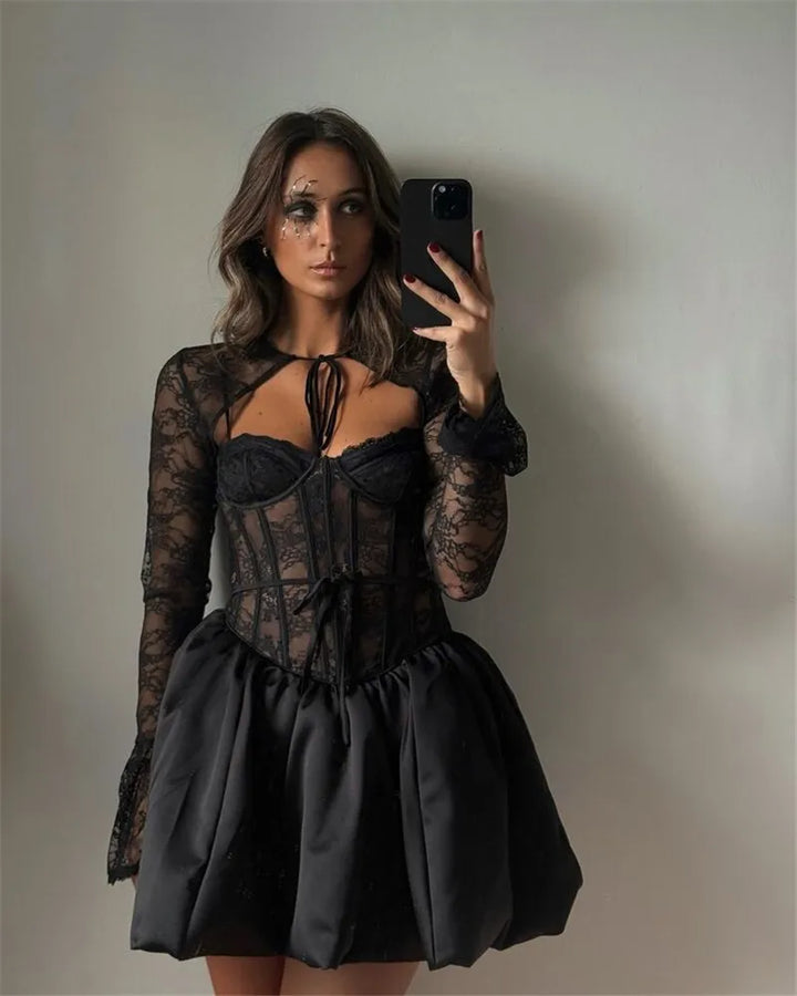 Balloon cut satin mini dress with corset design and lace cap sleeves - Miala