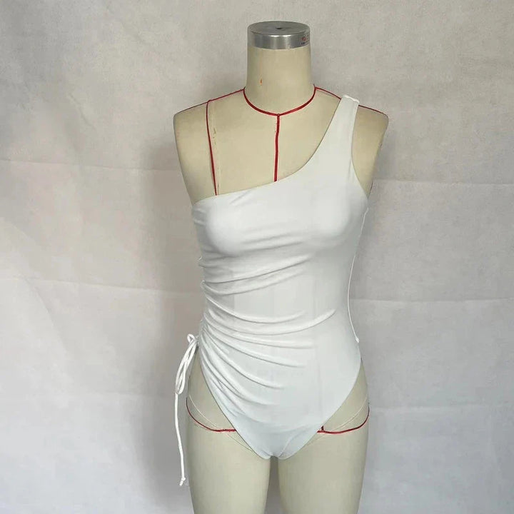 One-Piece Swimsuit with One Shoulder Strap and Ruched Strings - Roselia