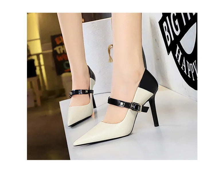 Faux Leather Pointed Heel Shoes with Buckle Decoration - Margaret