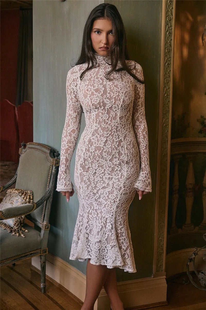 Midi lace dress with half turtleneck - Avia