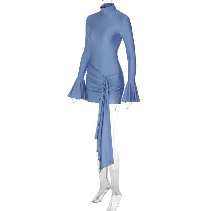 Turtleneck mini dress with bell sleeves and ruffle detail - Jenna