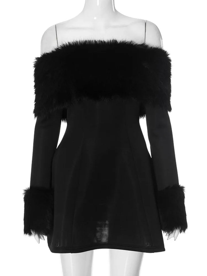 Off-shoulder A-line mini dress with feather fur detail - Ira