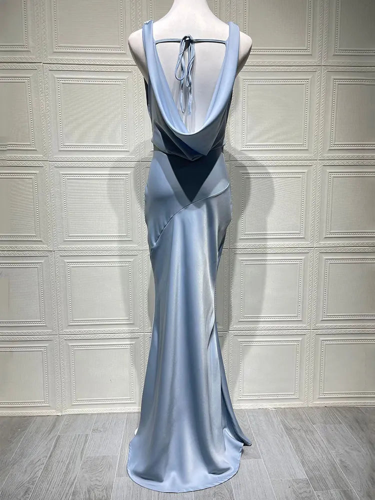 Maxi satin dress with draped collar and open back - Alexis