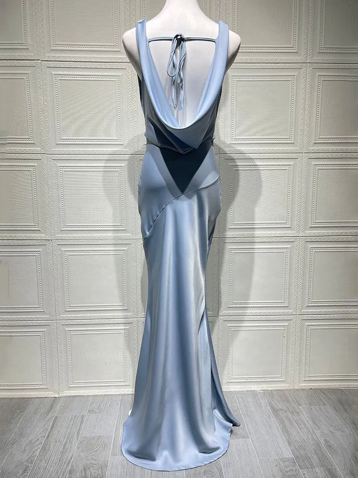 Maxi satin dress with draped collar and open back - Alexis