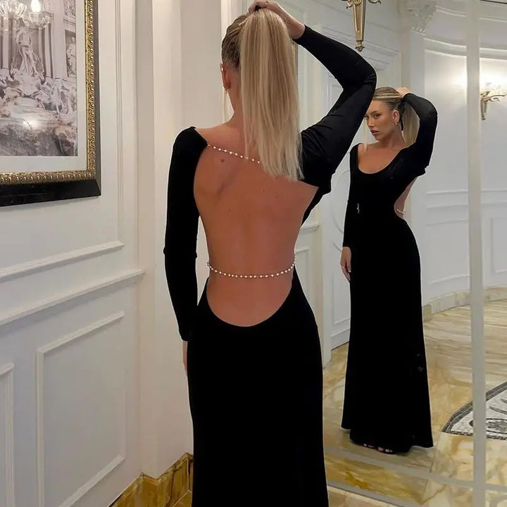 Maxi Dress with Open Back and Waist, Chain Decoration - Denis