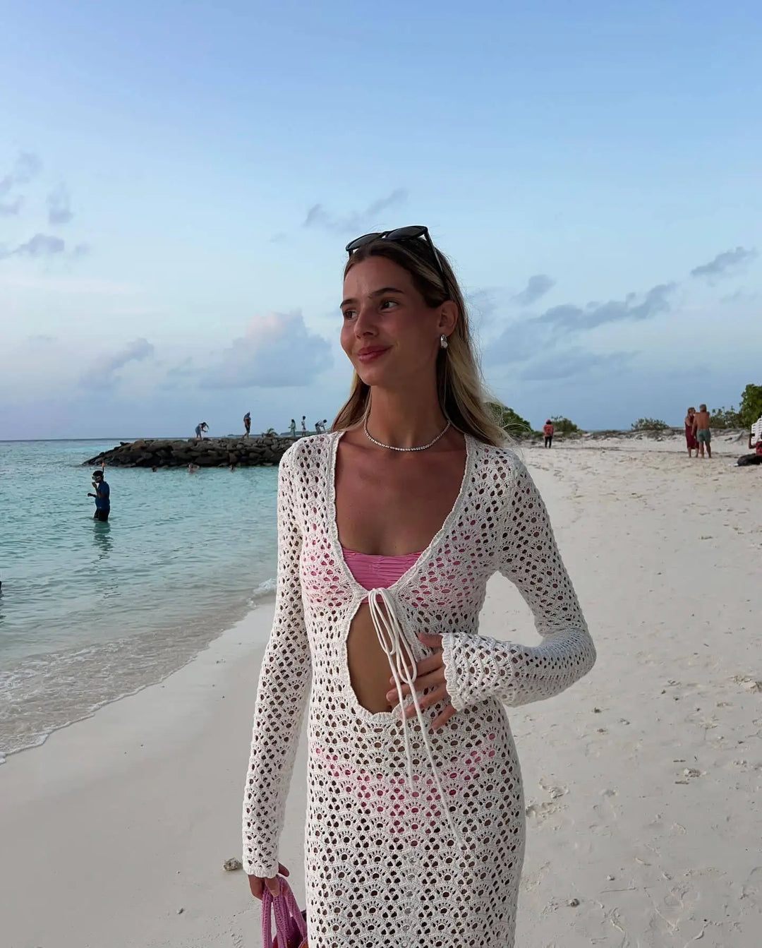 Crochet Maxi Dress with Tie Detail on Chest - Halo