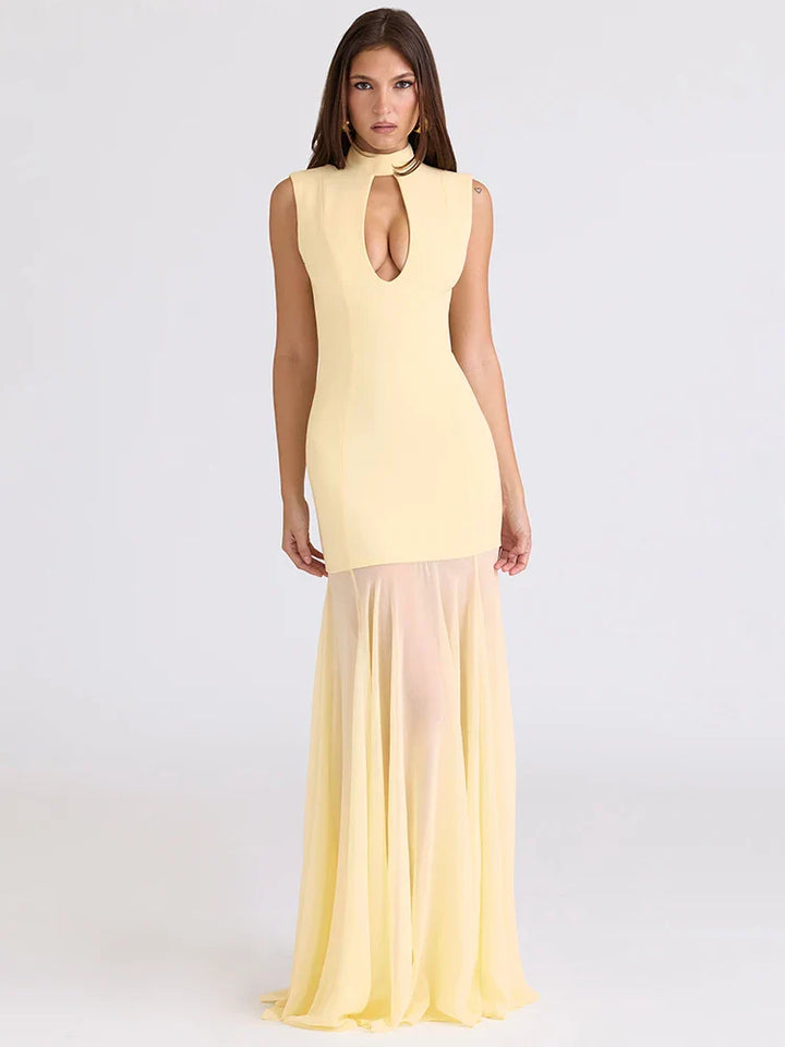 Maxi Dress with Collar and Chiffon Design - DARIA