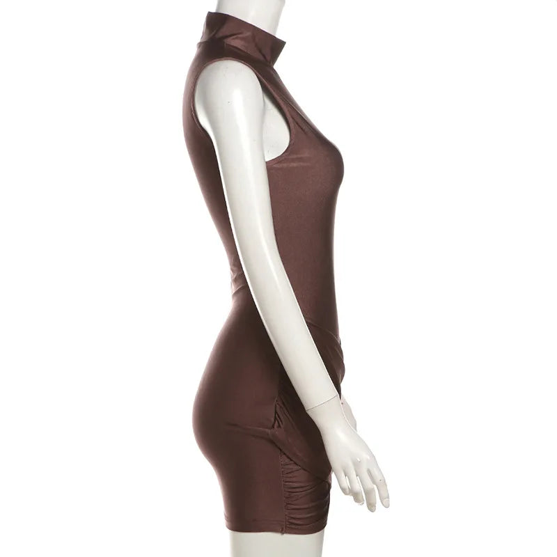 Mini Dress with Turtleneck, Shiny Fabric, Cross Ruching Design - OR