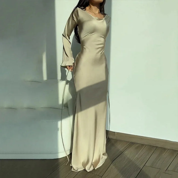 Satin maxi dress with back tie for waist fitting - Odel