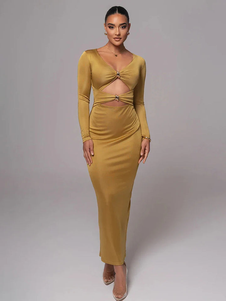 Fitted Shaping Fabric Maxi Dress with Cutouts and Buckles - Lauren