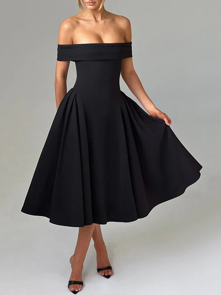 Off-Shoulder A-Line Midi Dress - Inbal