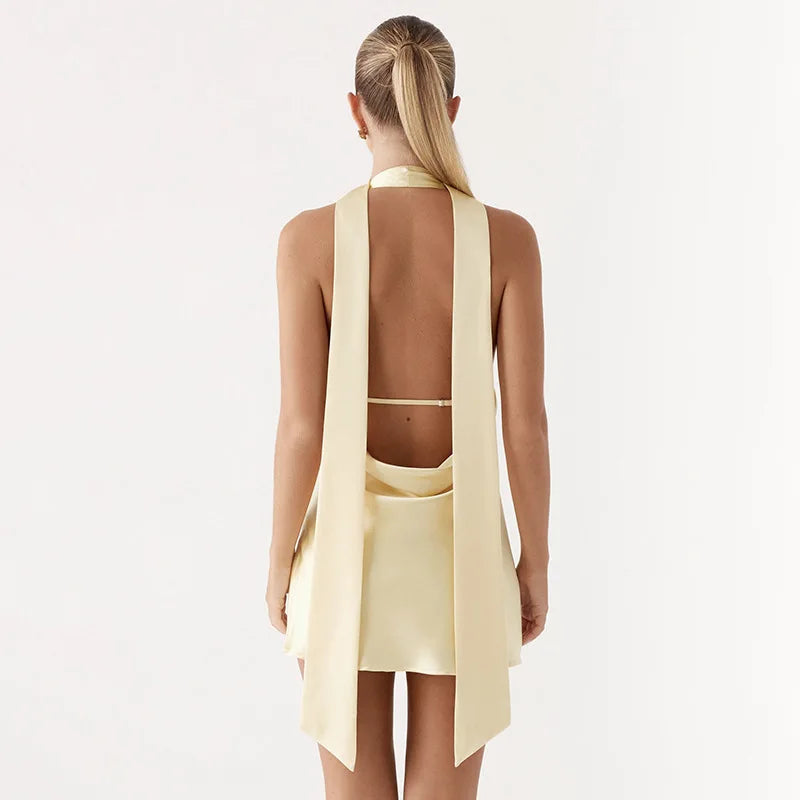 Satin mini dress with V neckline decorated with matching scarf - Karina