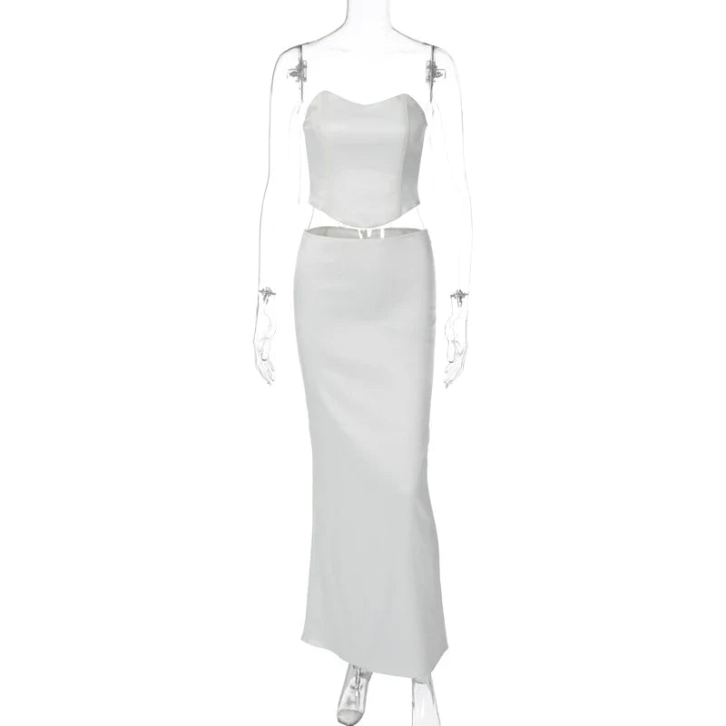 Two-Piece Satin Set with Strapless Top and Maxi Skirt - Siana