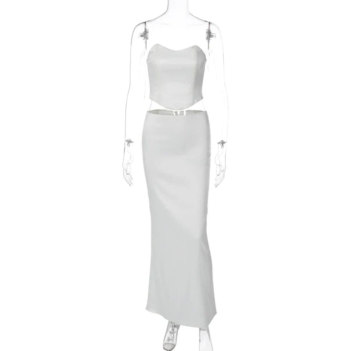 Two-Piece Satin Set with Strapless Top and Maxi Skirt - Siana