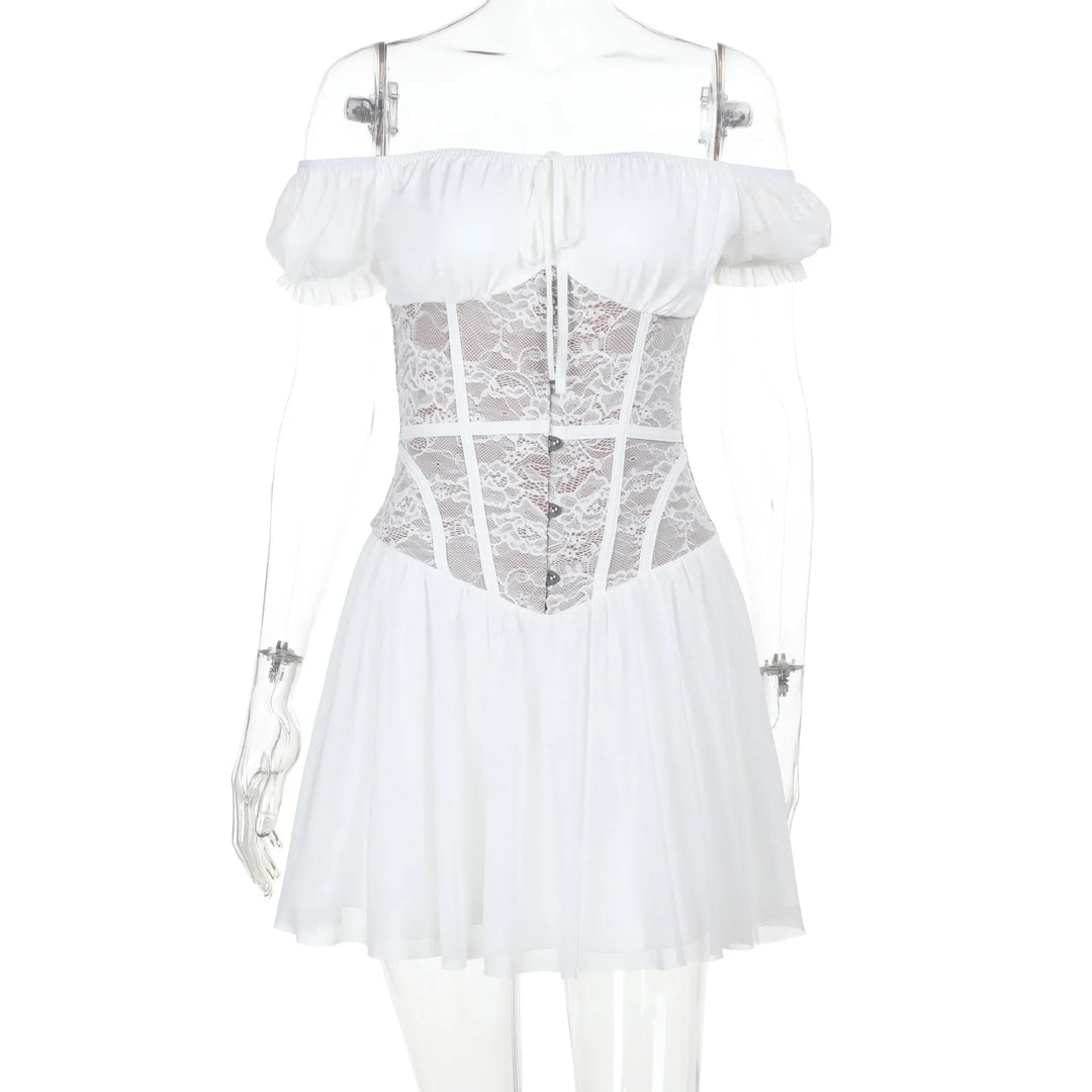 Balloon mini dress with off-shoulder lace trim - Fudge