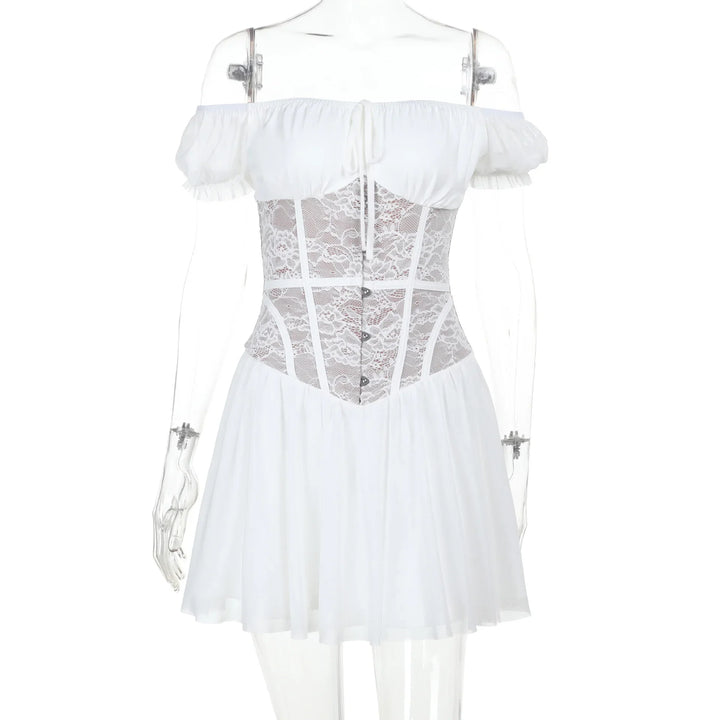 Balloon mini dress with off-shoulder lace trim - Fudge