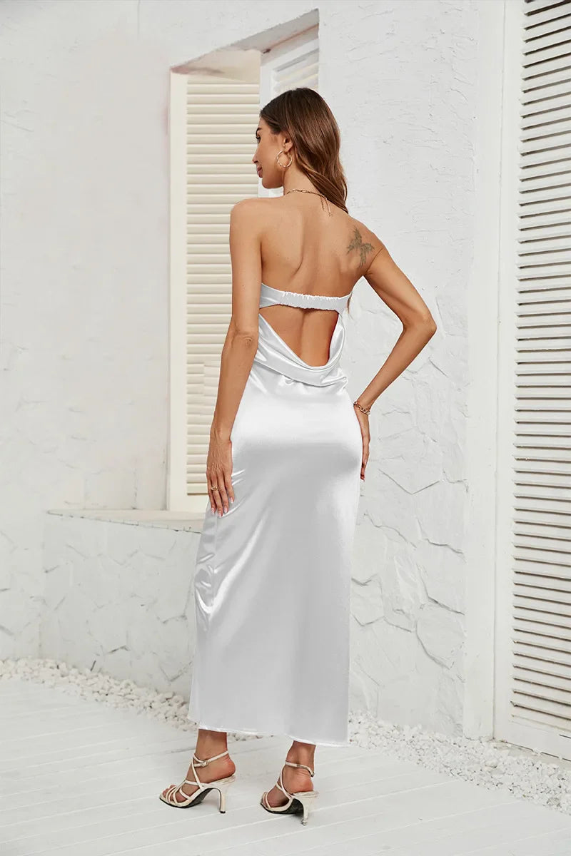 Strapless satin maxi dress with open back - ANATALYA