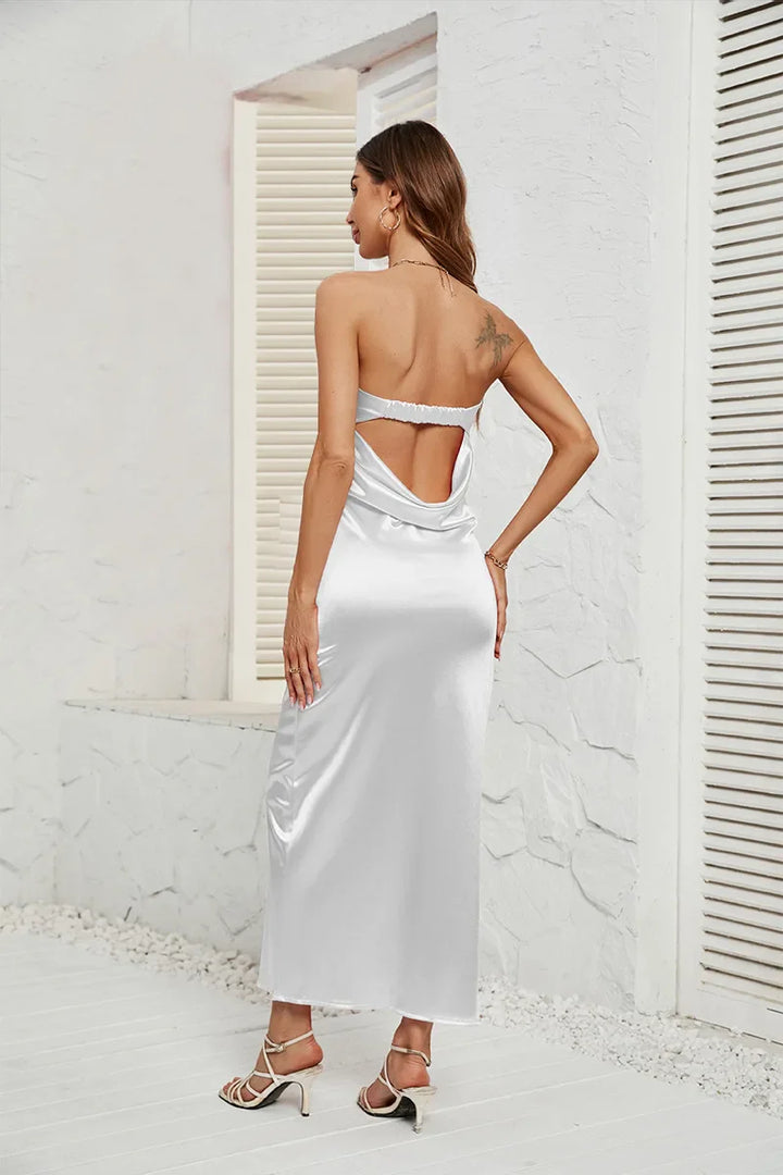 Strapless satin maxi dress with open back - ANATALYA