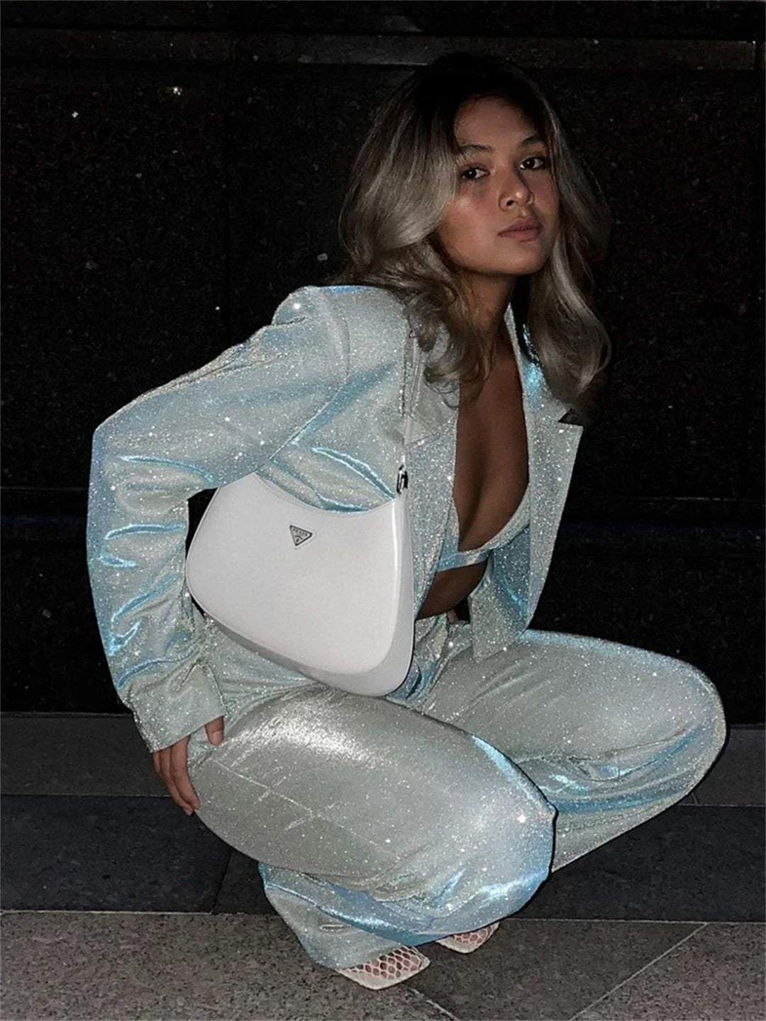 Three-Piece Sequin Suit with Bra, Blazer, and Long High-Waisted Pants - Pasha