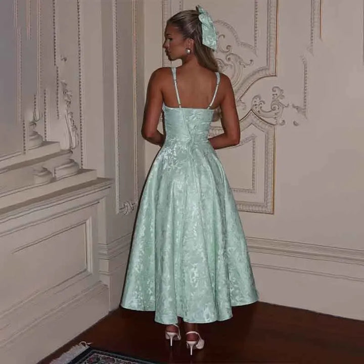 Midi A-line dress with embroidered floral illustrations and tie back for waist fit - Molina