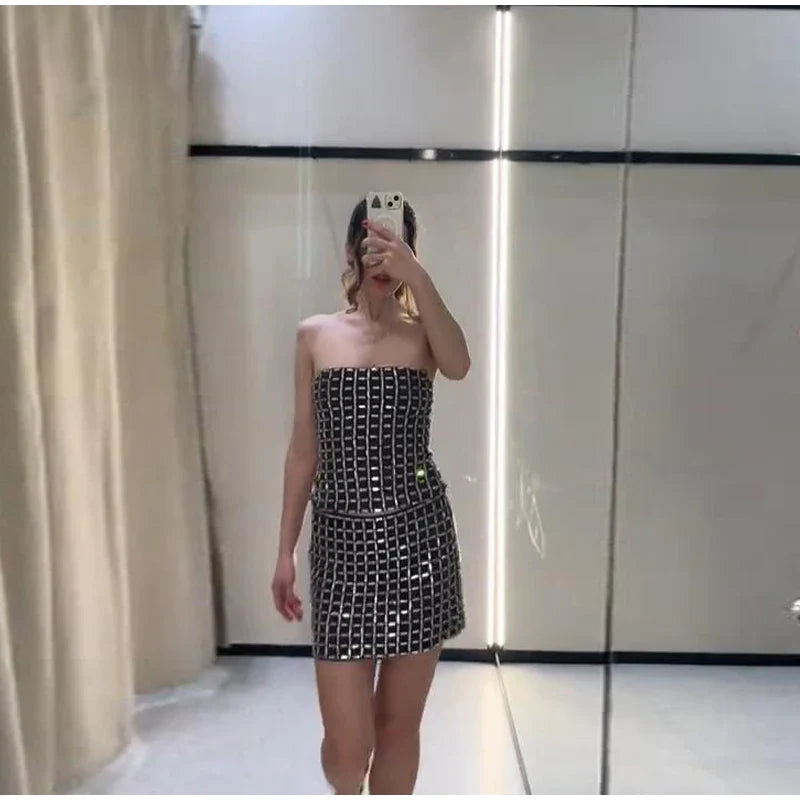 Strapless top / mini skirt / maxi dress / maxi dress with sparkling sequins design