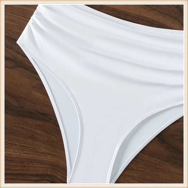 Strapless Bikini Top with Flower Decoration and High-Waist Shaping Bottom - Vanilla