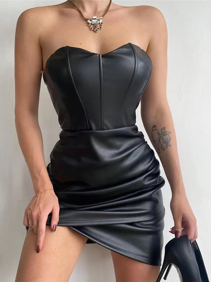 Strapless Faux Leather Mini Dress with Ruched Corset Design - AVA