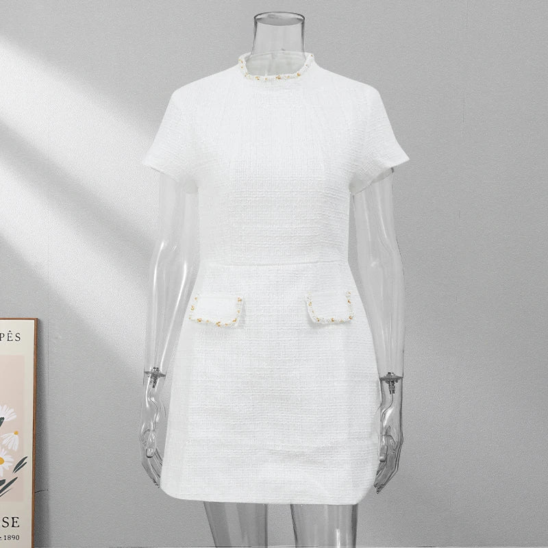 Elegant Mini Dress with Short/Long Sleeves, Tailored Style, Woven Fabric with Sequin and Pearl Embellishment - Lucia