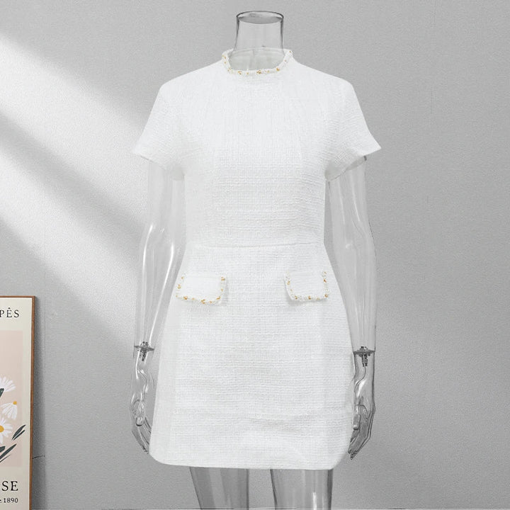 Elegant Mini Dress with Short/Long Sleeves, Tailored Style, Woven Fabric with Sequin and Pearl Embellishment - Lucia