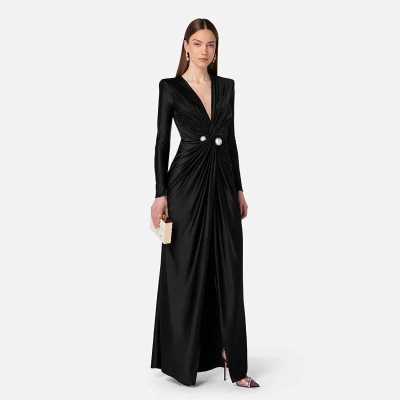 Maxi Wrap Evening Dress with Deep Slit and Pearl Detail - Simona