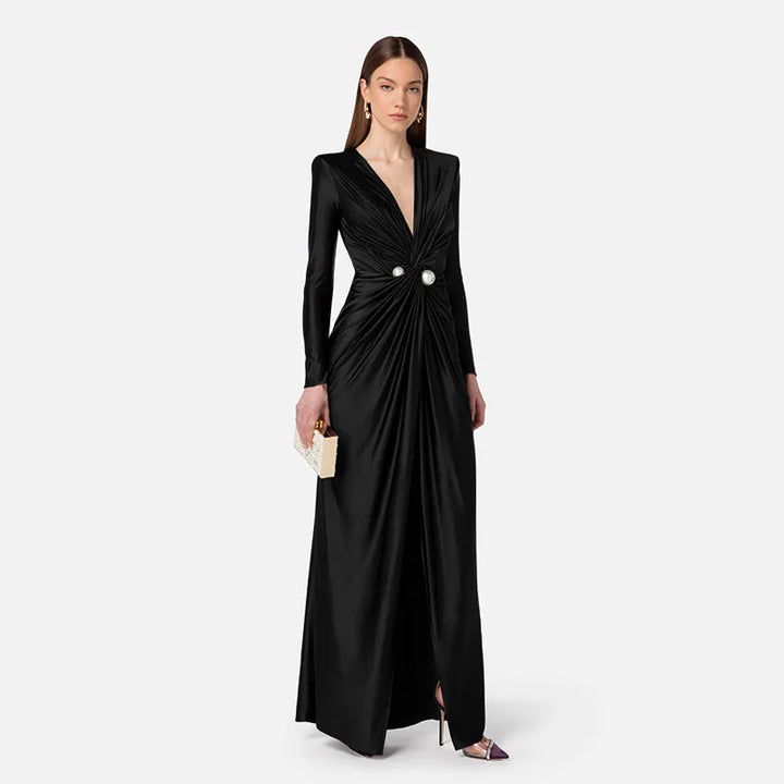 Maxi Wrap Evening Dress with Deep Slit and Pearl Detail - Simona