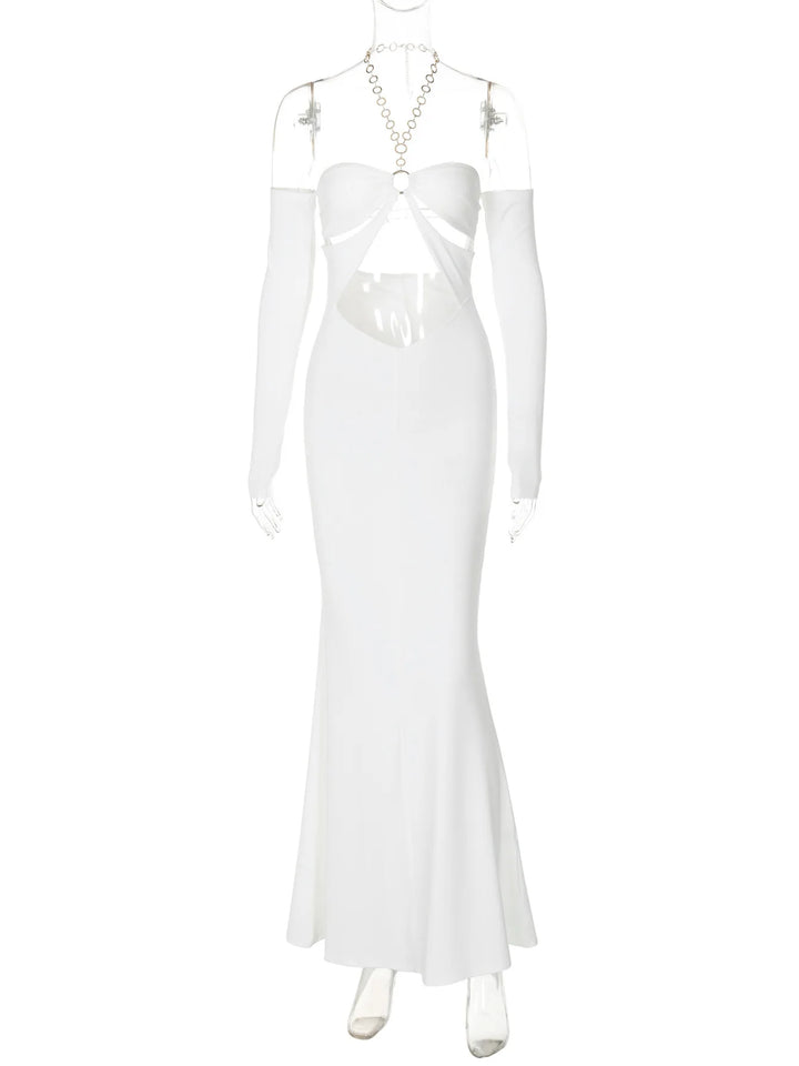 Maxi Dress with Collar, Cutouts, Gold Hoops, and Off-Shoulder Design - Alma