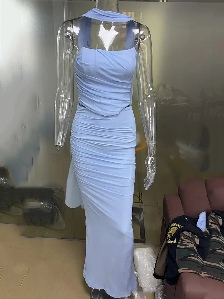 Two-Piece Set with Strapless Top and Maxi Skirt with Matching Scarf Detail - Francia