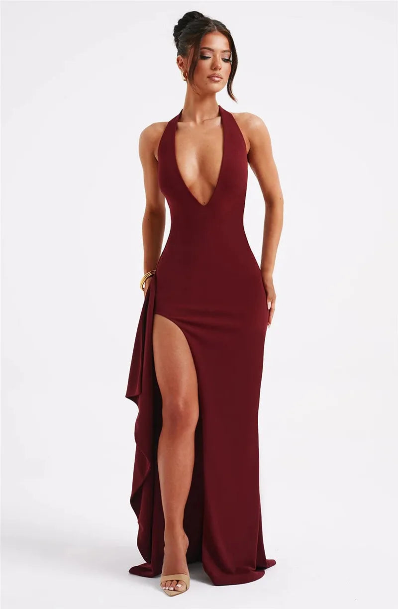 Luxury Maxi Dress with V-Neck, Deep Slit, and Open Back - Alicia