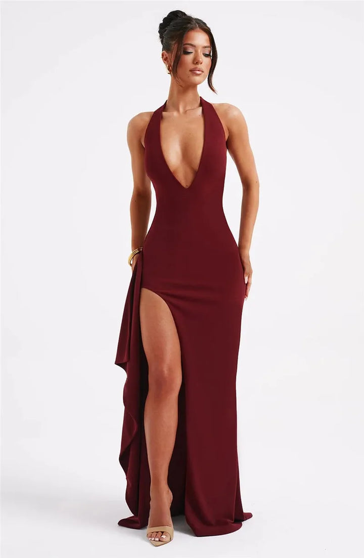 Luxury Maxi Dress with V-Neck, Deep Slit, and Open Back - Alicia