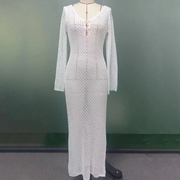 Knitted Maxi Beach Dress with Open Back and Pearl Pin Decoration - Lina